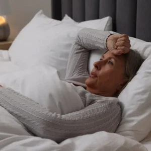 Woman struggling with insomnia and hot flashes during menopause.