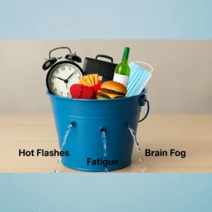 Illustration of menopause symptoms like hot flashes, fatigue, and brain fog as inflammation signals.