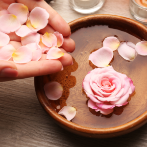 Rose petals in water, a soothing element in Ayurvedic face washing.