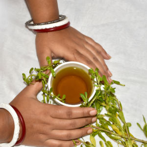 Ayurvedic tea preparation with Tulsi for meditation