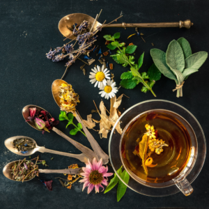 Herbal tea with natural supplements and a variety of dried herbs.