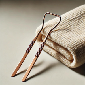 copper tongue scraper placed on a rolled towel, highlighting essential tools for daily tongue scraping in Ayurvedic oral hygiene