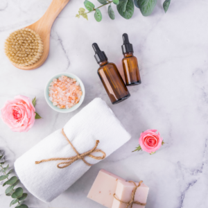 Mindful shower with gentle water flow and aromatherapy.