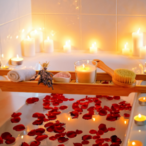 Relaxing bath with candles and essential oils