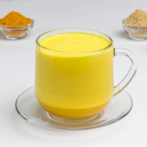 Golden milk with turmeric for an Ayurvedic morning drink.