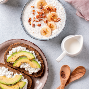 Avocado toast served with herbs for a healthy breakfast.
