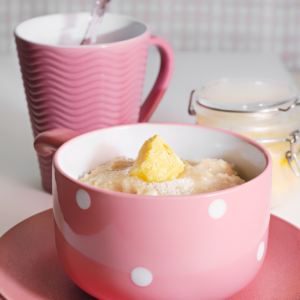 Breakfast bowl with oats, berries, and chia seeds.