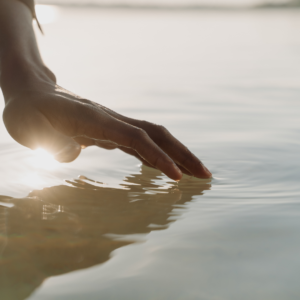 A close-up of a hand touching calm water, representing the cooling and calming influence of water for Pitta balance.
