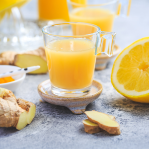 Turmeric and ginger shots with lemon for a refreshing boost.