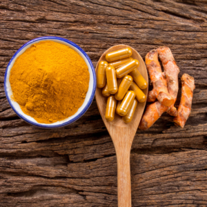 Turmeric supplements alongside turmeric powder.