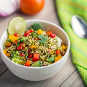 Quinoa salad with fresh vegetables, balancing doshas and energy.