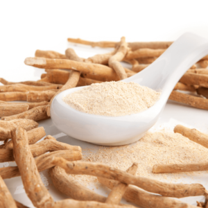 Ashwagandha root and powder - a powerful Ayurvedic herb known for reducing inflammation and stress.