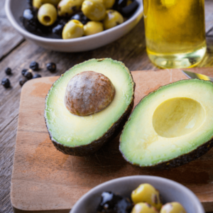 Healthy fats from avocado and olive oil, essential for an Ayurvedic anti-inflammatory diet.