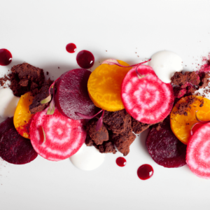 A plate of vibrant beetroot and golden beet salad with yogurt, a nourishing Ayurvedic meal