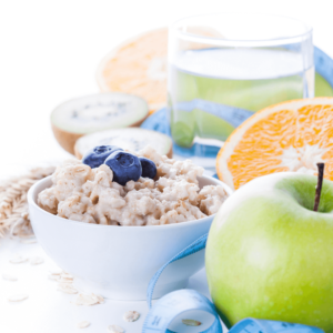mindful eating with a healthy breakfast with fruits and oats