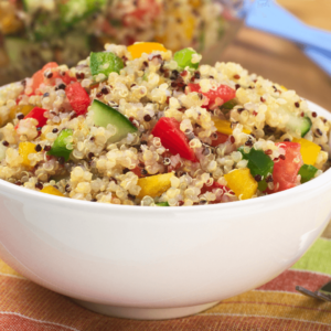 A quinoa bowl with vegetables, a warm meal for better gut health