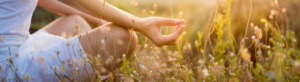 Close-up of a woman meditating in a field at sunrise, symbolizing Ayurveda’s call to return to rhythm with nature and the healing presence of Mother Earth