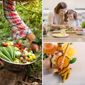 Ayurvedic lifestyle collage showing gardening, mindful cooking with a child, and herbal ingredients like turmeric, lemon, and honey representing nature-based healing