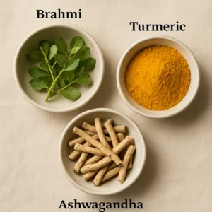 Ayurvedic herbs turmeric, ashwagandha, and brahmi for brain clarity.