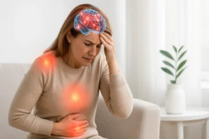 Woman with thyroid discomfort and brain fog, physical signs of mental inflammation symptoms