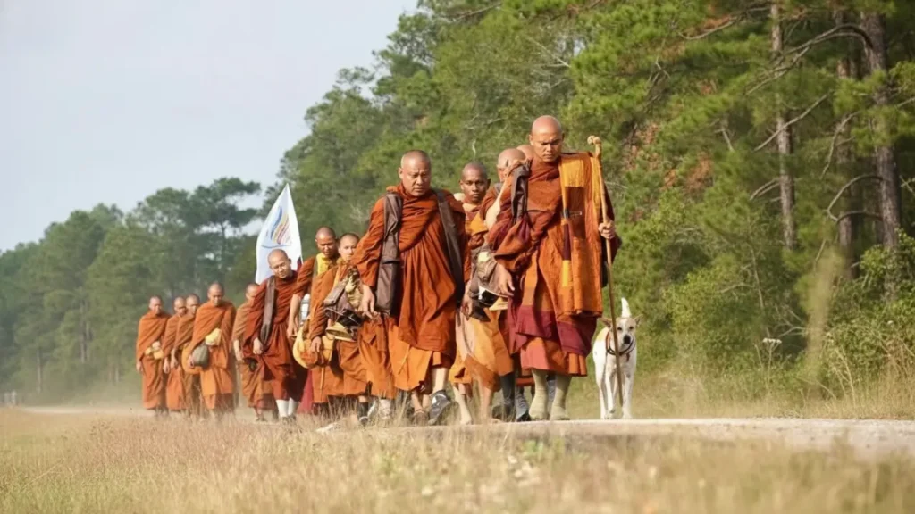 Buddhist monks completing their 2,300-mile Walk for Peace to Washington, DC during a 108-day journey