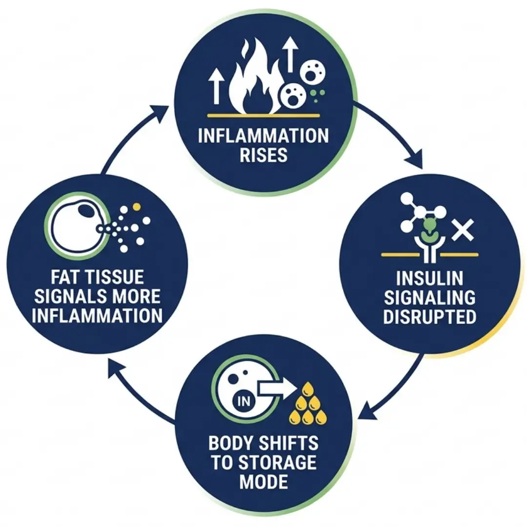 Circular diagram showing the four-stage inflammation and insulin resistance feedback loop — from rising cytokines to fat storage and back