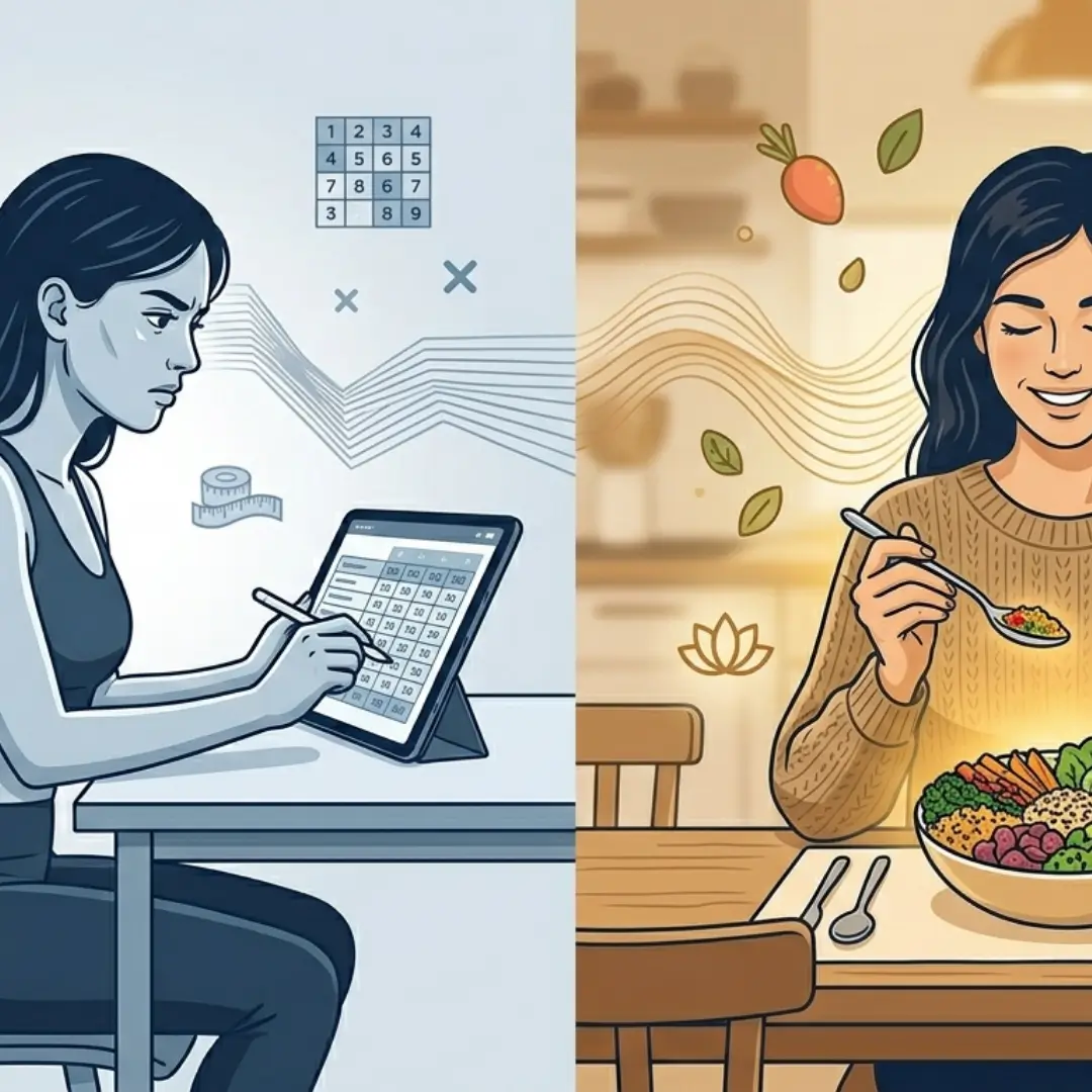Split image contrasting a woman restricting calories under cold light versus eating nourishing food in warm light, showing why restriction increases stress and inflammation