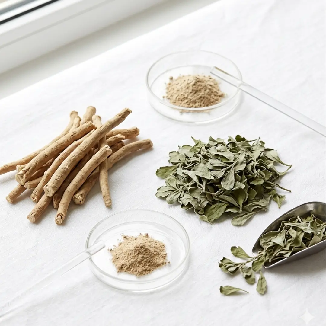 Ashwagandha roots and Ayurvedic herbs used for natural cortisol balance, nervous system support, and restorative sleep rituals.