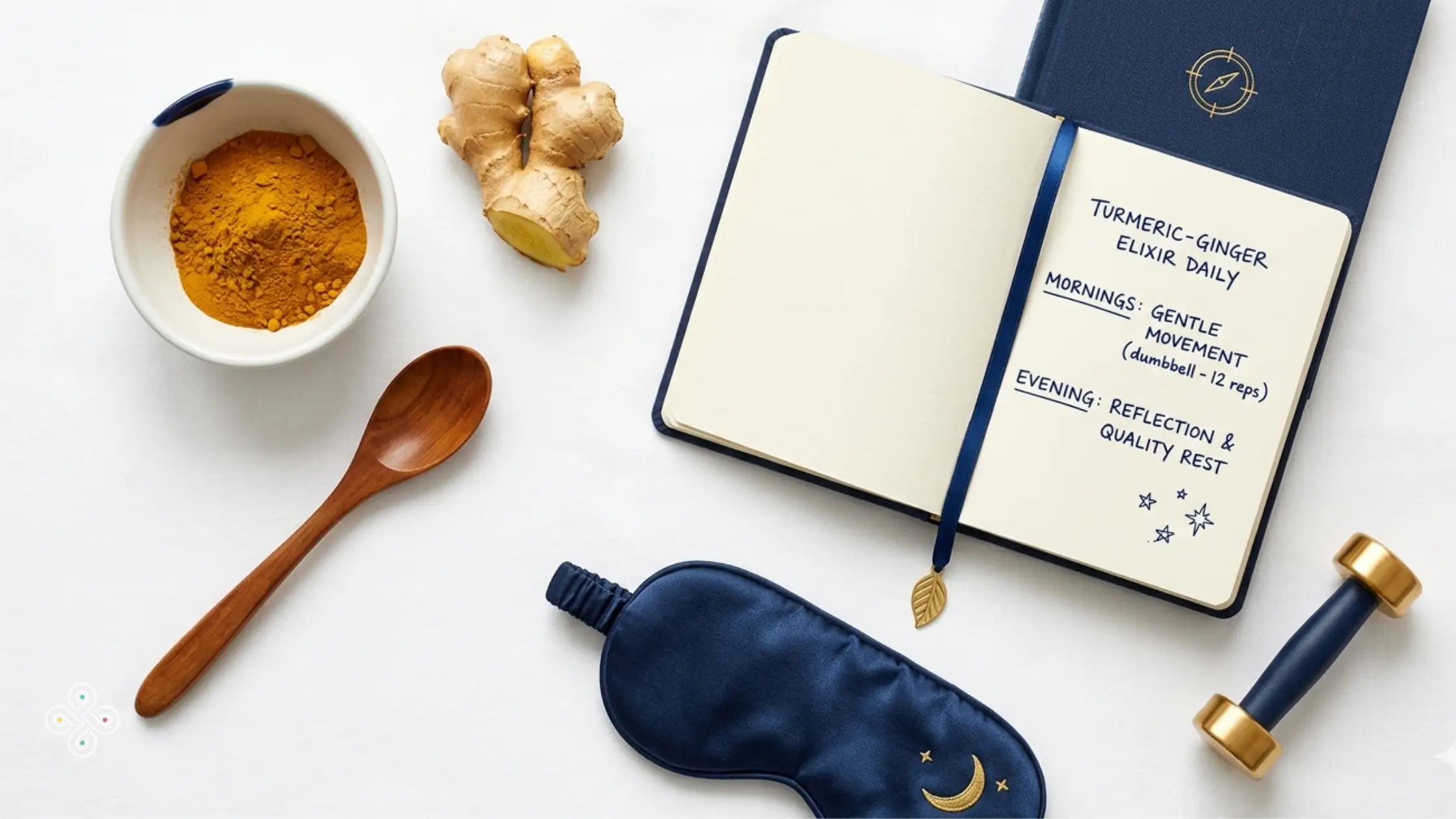 Flat lay of turmeric, ginger, a journal, sleep mask, and small dumbbell representing the five pillars of anti-inflammatory metabolic support