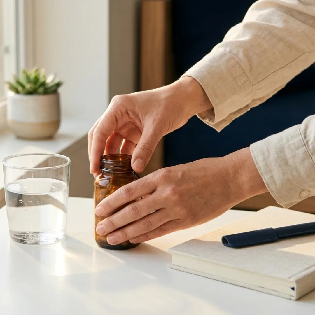 Morning wellness ritual scene with supplement bottle, water glass, and journal in soft natural light