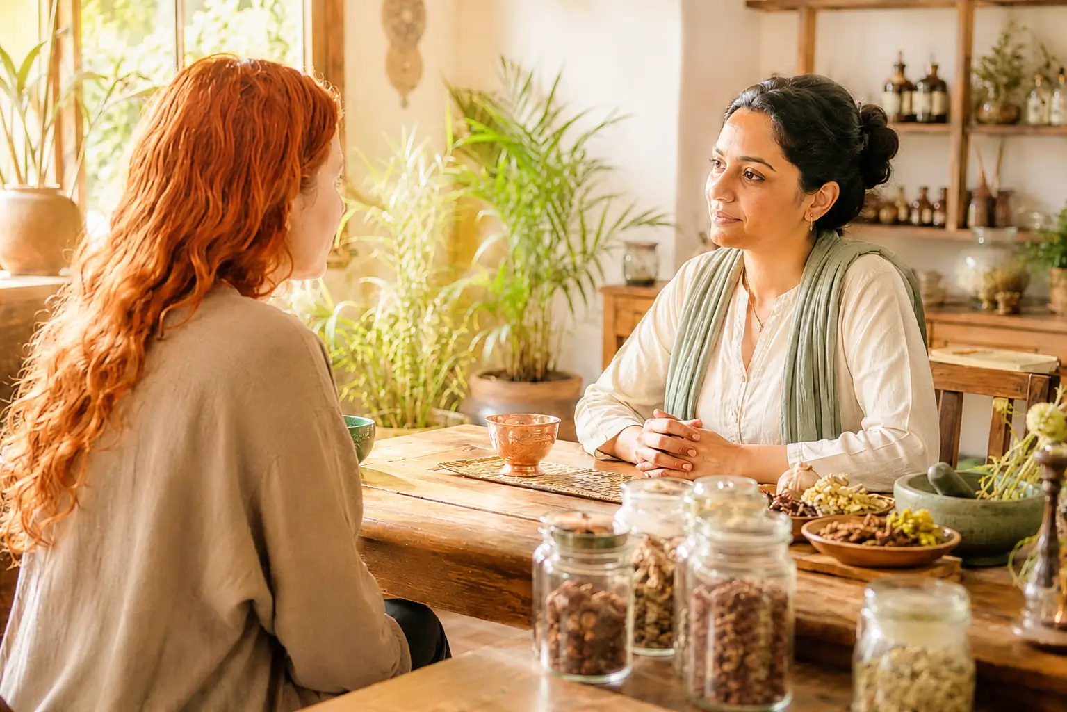Woman with red hair sitting across from a calm Ayurvedic practitioner in a warm, naturally lit wellness space with herbs and golden afternoon light
