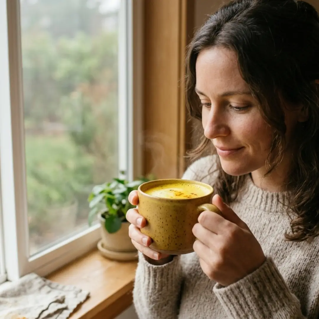 Woman holding a warm golden turmeric drink with both hands near a window, soft morning light, calm and intentional
