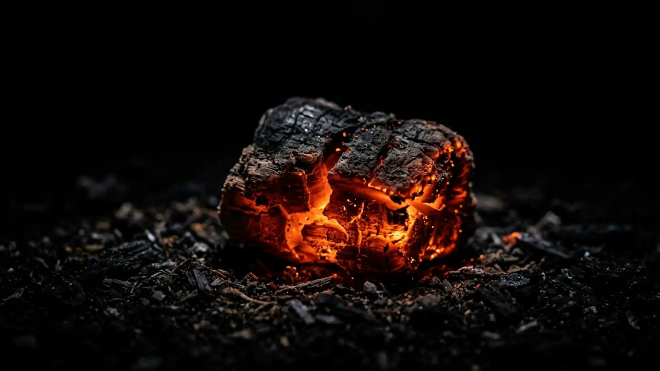 Close-up of a single glowing ember against a dark background, representing low-grade chronic inflammation quietly burning beneath the surface